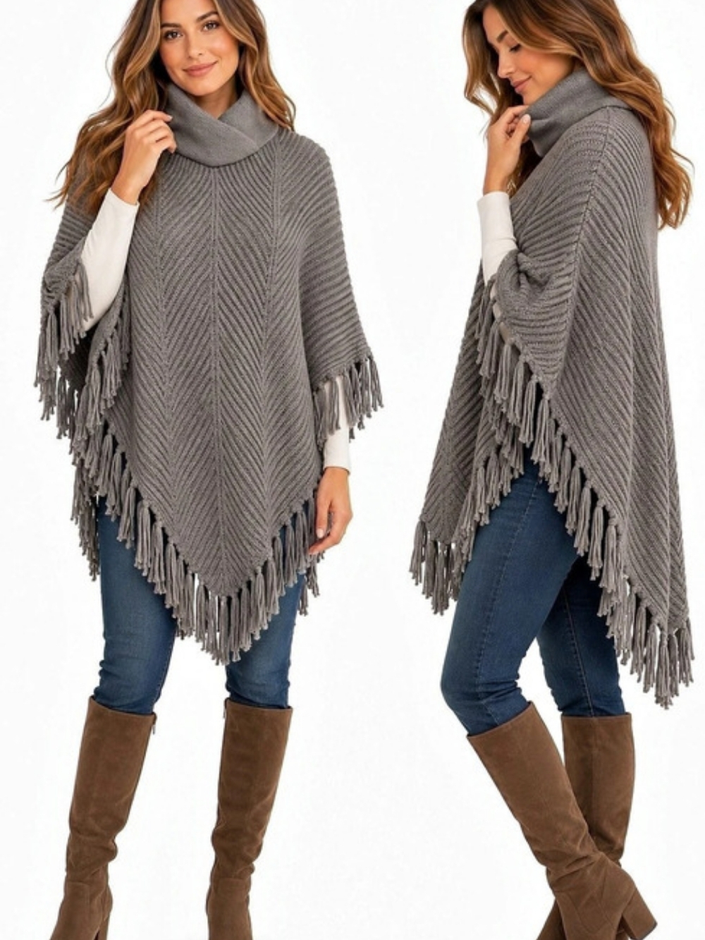 Banana Republic 100% Cotton Chevron Knit Fringe Poncho Gray Taupe Turtleneck S
